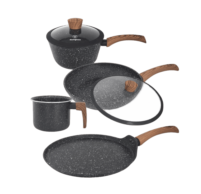 JUEGO DE OLLAS ANTIADHERENTE (6 PIEZAS) MÁRMOL MANGO MADERA - WESTINGHOUSE